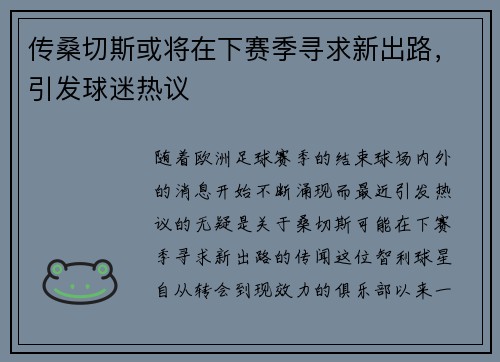 传桑切斯或将在下赛季寻求新出路，引发球迷热议