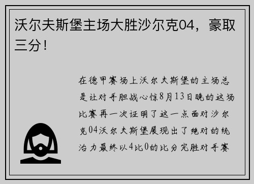 沃尔夫斯堡主场大胜沙尔克04，豪取三分！